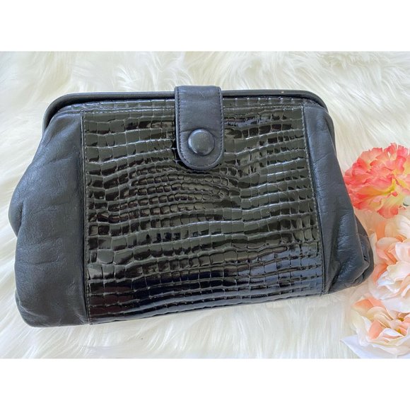 Vtg Jennifer Moore Blk Leather Reptile Clutch Bag - Picture 8 of 12